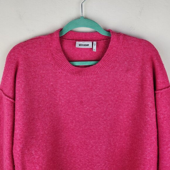 Weekday Bright Pink Annie Chunky Knit Oversized Crewneck Sweater Wool Blend sz S - Picture 5 of 12